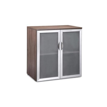 brown cabinet with frosted glass doors